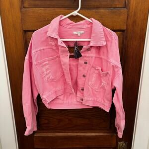 NWT Veveret Pink Cropped Denim Jacket Fringe Rhinestone Distressed Size S